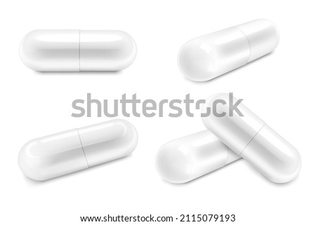 White Medical Pills or Capsules icon set closeup, isolated on transparent background. Capsules for Graphics, Mockup. Medical and Healthcare Concept. Vector 3d Realistic illustration