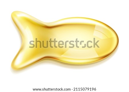 Vector Real fish oil capsule with transparency effect and shadow. Realistic shiny medicine pills with gold fish oil or omega 3 vitamin supplement isolated on white background. 3d vector illustration