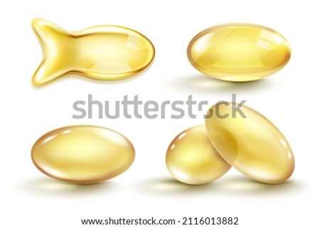 Golden oil capsule set. Realistic shiny medicine pills with gold yellow fish oil or omega 3 vitamin supplement isolated on transparent background. 3d vector illustration