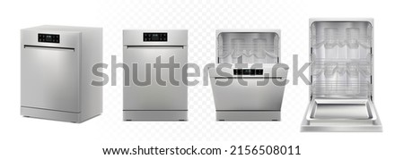 Dishwashing machine with open, closed door, isolated on white background. Smart home appliance concept. Front view. Digital display. Silver color. Realistic 3d Vector illustration.