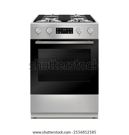 Kitchen gas stove. The household equipment. Realistic 3d Vector illustration. Front view. Isolated on white background