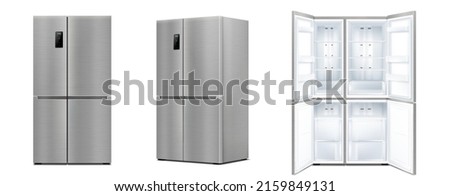 Realistic refrigerator with double doors set. Modern two chambered fridge appliance for food storage with open and close door. Chrome kitchen coolers isolated. 3d vector illustration