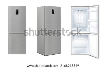 Set of Realistic kitchen refrigerators with open and closed door, isolated fridge machine, freezer. Vector kitchen 3d appliance with digital display, isometric view and front view