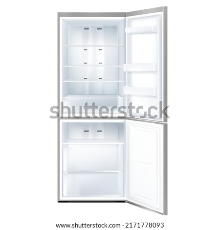 Empty open refrigerator isolated on white background. Front View of gray freezer with open doors. Realistic 3d vector