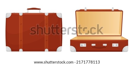 Open and closed Retro Leather Suitcase With Metal Corners, Belts and Handle, Isolated on White Background. Vacation and Travel Concept. Vintage bag. Front view. Vector flat design