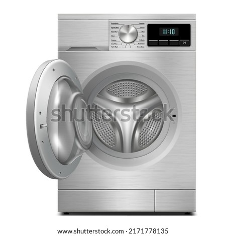 Washing machine mockup isolated on white background. Modern, realistic 3d vector washing machine with open door. llustration of home appliances. Front view, close-up