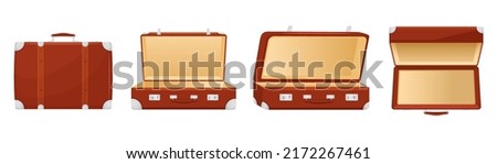 Open and closed Retro Leather Suitcase in different angles. Bag With Metal Corners, Belts and Handle, Isolated on White Background. Vacation and Travel Concept. Vintage briefcase. Front view. Vector f