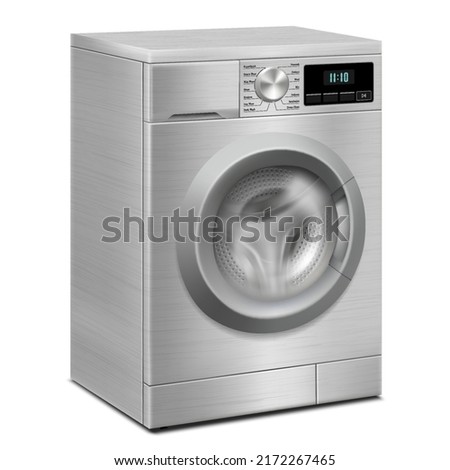 Washing machine isolated on white background. Modern, realistic 3d vector illustration of home appliances. Perspective view, close-up. Side view