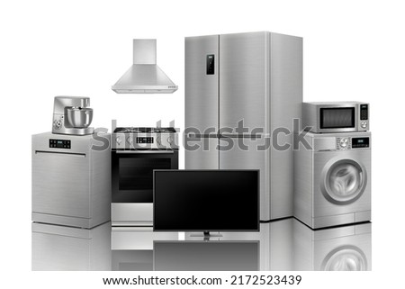 A set of household appliances: microwave oven, washing machine, refrigerator, vacuum cleaner, iron, stove, fan, air conditioner,TV, dishwasher, kitchen hood. Realistic 3D vector, isolated