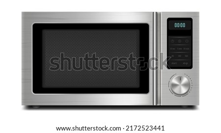 Realistic Microwave Isolated on White Background. Front Front viewof Stainless Steel Over the Range Microwave Oven. Household Kitchen and Domestic Appliances. Home Innovation. Vector 3D