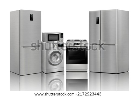 A set of household appliances: microwave oven, washing machine, refrigerator, vacuum cleaner, iron, stove, fan, air conditioner,TV, dishwasher, kettle. Realistic 3D vector, isolated