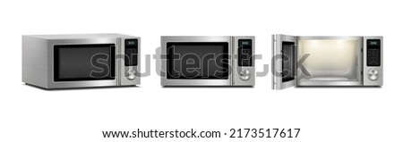 Set of microwave ovens with light inside, with open and close door, front view, Side View isolated on white background. Household appliance to heat and defrost food, for cooking, with timer and button