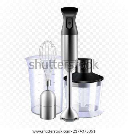 Realistic Blender, Set of Food Processor And Whisk Tools. Immersion Blender Measuring Cup And Container With Cut Sharp Blade. Electronic Appliance For Cooking. Isolated 3d Vector illustration