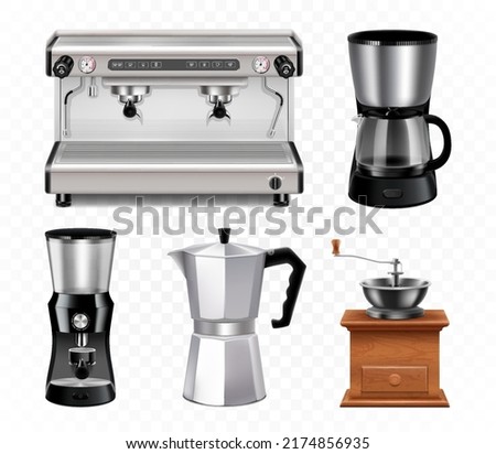 Different types of coffee machines. Coffee maker, professional machine, Manual Coffee Grinder, Turkish coffee pot. Realistic 3d vector illustration