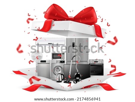 Gift concept, home appliances inside gift box. Refrigerator, microwave, food processor, TV, washing machine, gas stove, isolated on white background. 3D rendering. Realistic vector illustration