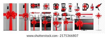 A set of household and kitchen appliances with red ribbon and bow: microwave oven, refrigerator, vacuum cleaner, blender, toaster. Gift concept. Realistic 3D vector, isolated. Electric device.