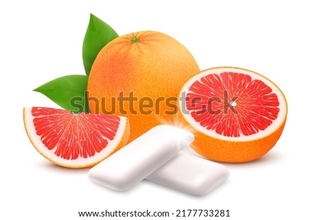 Grapefruit chewing gum. Bubble gum with grapefruit citrus flavor. Chewing pads with fresh ripe grapefruit, oral health product, realistic advertising poster. Isolated 3d vector illustration