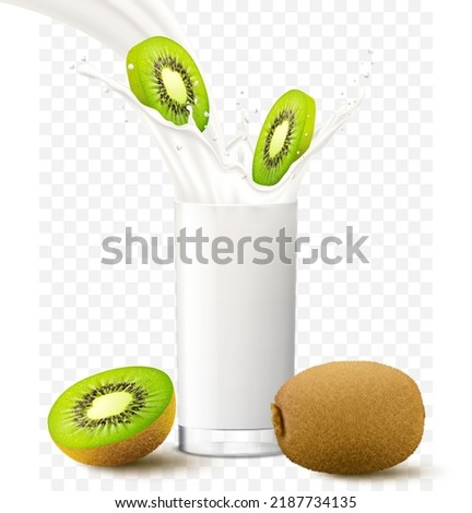 Kiwi fruit slices falling in a glass of milk or yogurt. Fruit milkshake advertising banner, yogurt jet, white drink in glass cup, Realistic 3d vector illustration, isolated