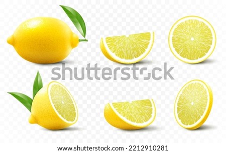 A set of fresh lemon isolated on transparent background. A whole lemon, half and slice a lemon. Realistic 3d vector illustration. Fully editable handmade mesh.