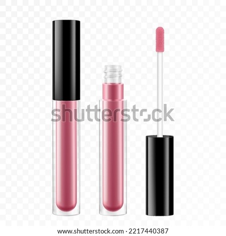 Lip gloss tube template. Lip cream plastic transparent 3d realistic vector packaging, opened and closed with black cap isolated on white background. Lipstick color swatch set.