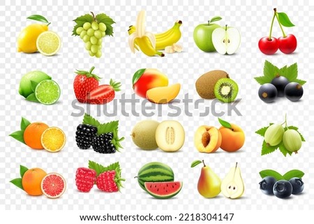 Realistic set of various kinds of fruits with orange, kiwi, pear, lemon, grapes, strawberries, currants, peach, lime, grapefruit, applе, isolated on transparent background, 3d vector illustration