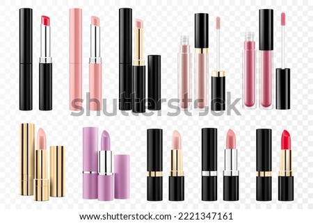Set of lipsticks , lip balms and glosses mockup, isolated on white background. Lipsticks in trendy shades for your design, 3d realistic vector packaging illustration. Blank template of containers.