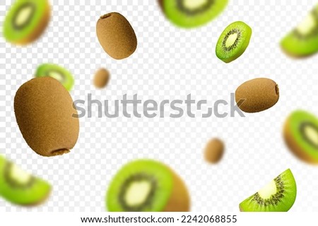 Kiwi background. Flying whole and half of kiwi fruit with defocused blurry effect. Can be used for wallpaper, banner, poster, print, fabric, wrapping paper. 3d realistic vector design