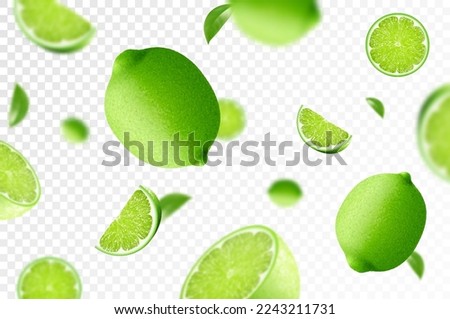 Lime background. Flying whole, half and slices of fresh lime. Unfocused and blurry effect. Can be used for wallpaper, banner, poster, print, fabric, wrapping paper. Realistic 3d vector illustration.