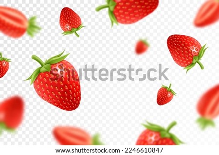 Strawberry background. Flying red strawberry on transparent background. Strawberry falling from different angles.Focused and blurry objects. 3D realistic.