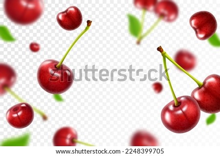 Cherry background. Flying berries with blurry effect. Red cherries falling on transparent background. Can be used for wallpaper, banner, poster, print, fabric, wrapping paper. Vector 3d realistic