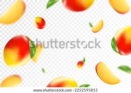 Mango background. Flying mango with green leaves and slices of mango fruits. Blurry effect. Can be used for wallpaper, banner, poster, print, fabric, wrapping paper. Realistic 3d vector illustration