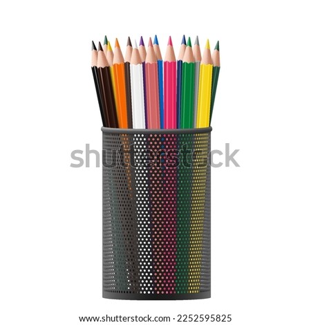 Black metal pencil cup filled with colorful used pencils, isolated on a white background. Realistic 3D vector illustration.