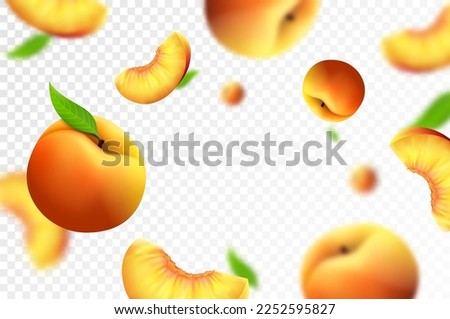 Peach background. Flying whole and slices of peach with blurry effect. Can be used for wallpaper, banner, poster, print. Realistic 3d vector design