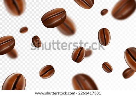 Falling coffee beans isolated on transparent background. Flying defocusing coffee grains. Applicable for cafe advertising, package, menu design. Realistic 3d Vector illustration.