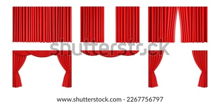Luxury red silk velvet curtains and draperies and pelmet for window or theater stage decoration. interior decoration design ideas, 3d realistic collection, isolated vector illustration
