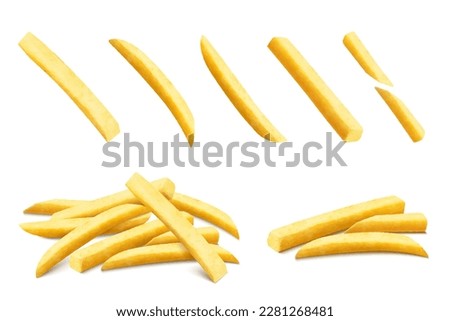 French fries set. Roasted potato chips in deep fat fry oil potatoes. Yellow sticks, isolated on white background. Fast Food. Unhealthy tasty food. Horizontal banner. Realistic 3d vector illustration.