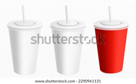 Soda drink plastic or paper cup with drinking straw, vector realistic 3d white disposable package mockup. Soda, juice or ice tea, fastfood soft drinks and beverage plastic cup with closed lid