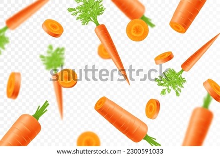 Falling carrots isolated on transparent background. Flying whole and sliced vegetable with blurry effect. Can be used for advertising, packaging, banner, poster, print. vector realistic 3d design