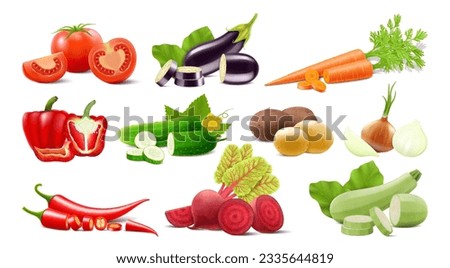 A set of whole and sliced raw vegetables isolated on a white background. Tomato, eggplant, carrot, pepper, cucumber, potato, onion, chili pepper, beet, zucchini. Organic healthy food. Vegetarian nutri