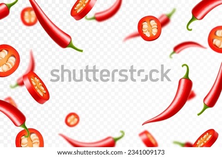 Falling chili pepper isolated on transparent background. Сhopped pieces of hot pepper flying, selective focus. Can be used for advertising, packaging, banner print. Realistic 3d vector design