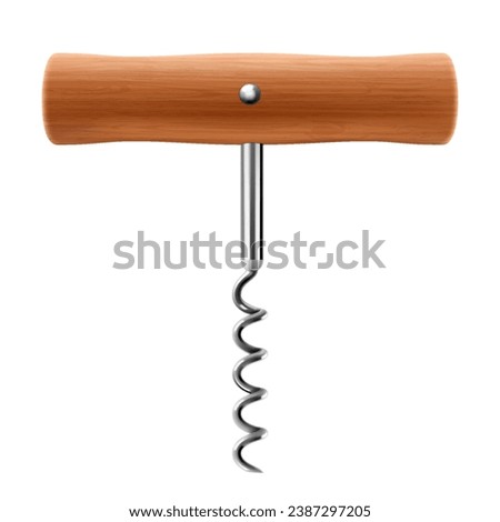 Corkscrew with wooden handle isolated on white background. Close up of wine bottle opener. Realistic 3d vector illustration. Mock up