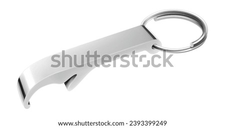Metal bottle opener in the form of a keychain with attached steel split ring close-up isolated on a white background. Aluminum Bottle or Can Opener. Realistic 3d vector illustration