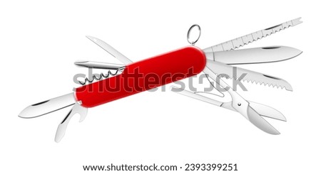 Swiss Army knife or pocket knife isolated on white background. This cutting tool is using the large blade for cutting food, slicing paper, carving wood, or gutting a fish. realistic 3d vector design