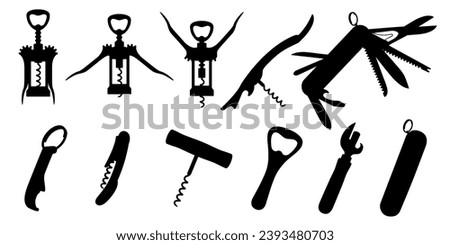 Silhouette of corkscrews and openers. Wine Bottle Opener, can opener, electronic rechargeable corkscrew, sommeliers knife with corkscrew and Swiss Army knife or pocket knife, isolated vector icon set