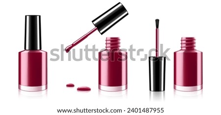 Nail polish set, opened and closed bottle with lid. burgundy varnish for manicure and pedicure, brush and enamel drop isolated on white background. Realistic 3d vector illustration