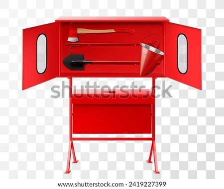 A closed-type fire-fighting equipment stand of red color with doors on the front side and a tilting sand box. The kit includes: a crowbar, fire axe, salvage hook, fire shovel, cone bucket. Realistic