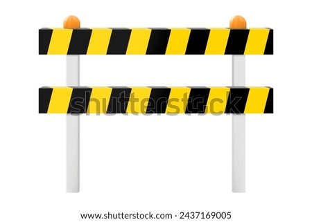 Striped yellow and black barriers for blocking road. Realistic 3d Vector illustration of a guardrail, isometric concrete road barrier fence, isolated on white. Road construction, roadblock sign