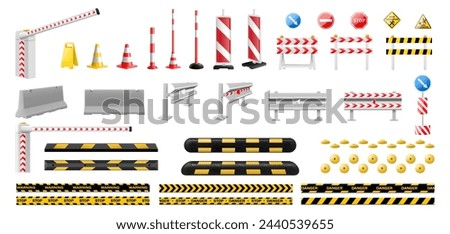 Set of traffic light, boom barrier gate, road barrier fence, speed bump ,road cone. Striped yellow and black barriers for blocking road. Speed bump element or obstacle on the road. Realistic 3d Vector