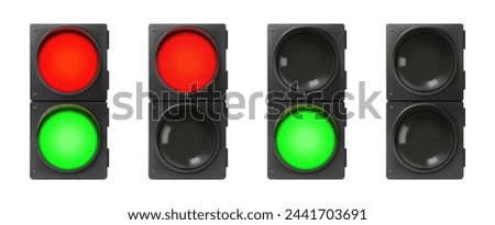 Set of pedestrian traffic Lights. Realistic electric lights with all two colors on and single color on. Street regulation system signals, road safety in the city, isolated on white background. vector