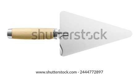 Isometric cement trowel isolated on white background. Realistic bricklayer trowel vector icon for web design. Spatula with a wooden handle. Construction tool. Vector illustration. 3D.